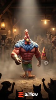 Promotional artwork of a muscular rooster entering a dim arena with a cheering crowd and the Zillion logo.