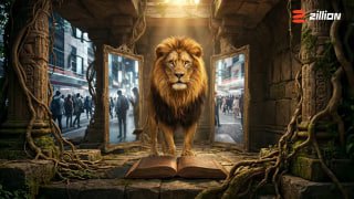 Promotional artwork of a golden lion stepping out of an open ancient book toward a city street portal, promotional slot game imagery.