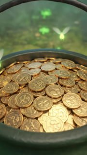 Detailed close-up of a cauldron overflowing with gold coins in a slot-game art style, tiny glowing fairies float against green bokeh