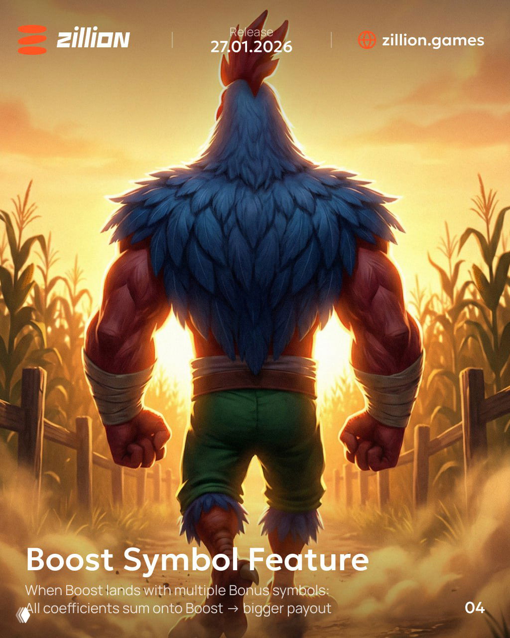Rear view of the rooster character walking through a sunlit cornfield toward a barn, framed as a powerful silhouette with epic lighting.