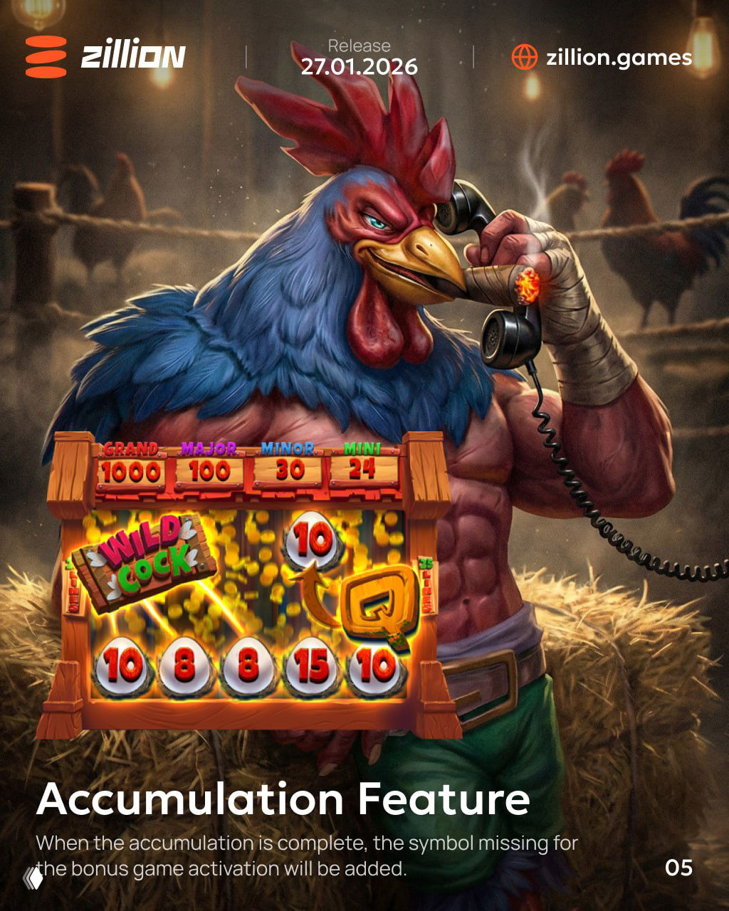 Rooster close-up artwork holding a telephone with an Accumulation feature slot overlay in front of a barn and warm evening light.