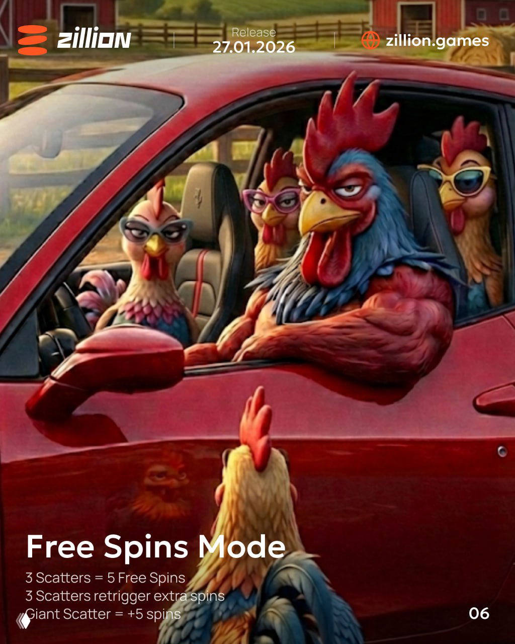 Humorous scene of a rooster family in a red car at the farm, used to illustrate Free Spins mode and the playful tone of the game.