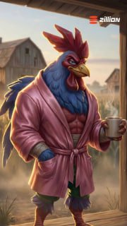 Anthropomorphic rooster in a pink robe holding a coffee cup, standing before a rustic farm backdrop with a small Zillion logo.
