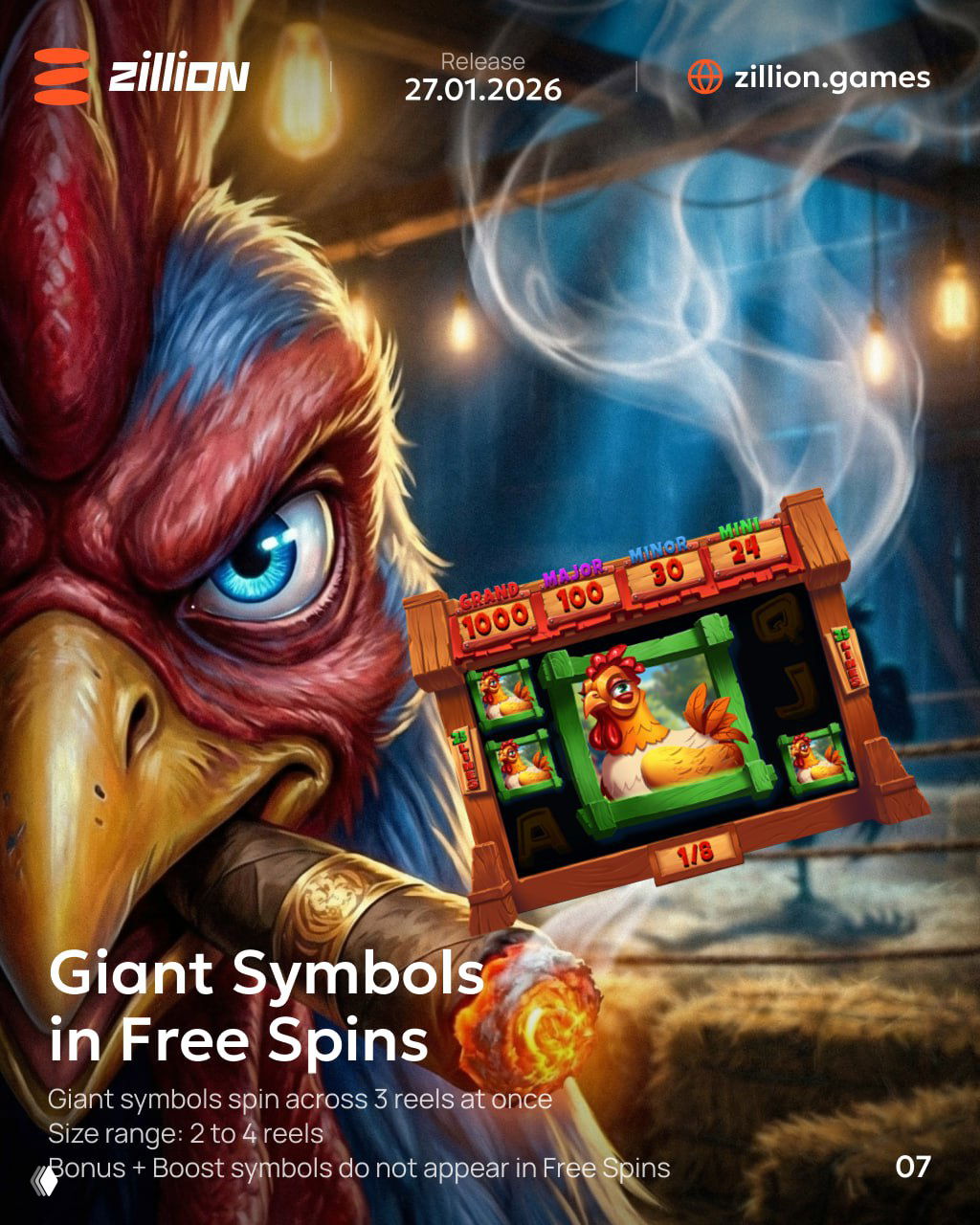 Close-up of the rooster's eye and lit cigar with a slot mini-screen showing Giant Symbols in Free Spins, lit by dramatic barn interior lights.