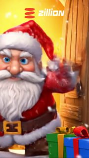 Cartoon Santa with white beard and red hat at a wooden door, wrapped gifts in foreground and Zillion logo.