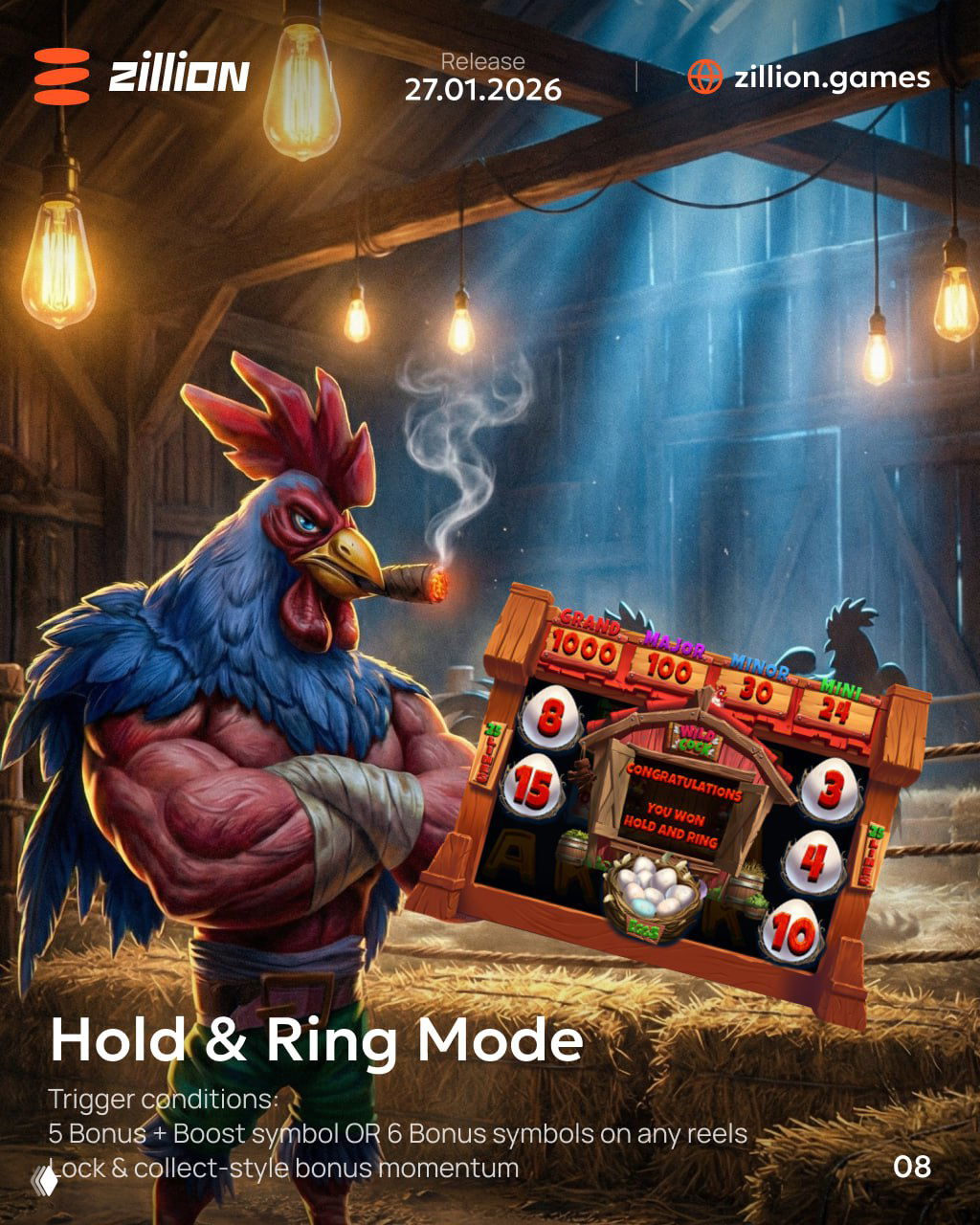 Rooster standing in a barn beside illuminated bulbs with a Hold & Ring mode overlay and spinning reels, smoke curling from the cigar.