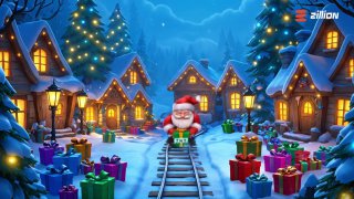 Festive promotional artwork: a Santa-like dwarf standing on snowy railway tracks in a lit village, surrounded by wrapped gifts and a Zillion logo.