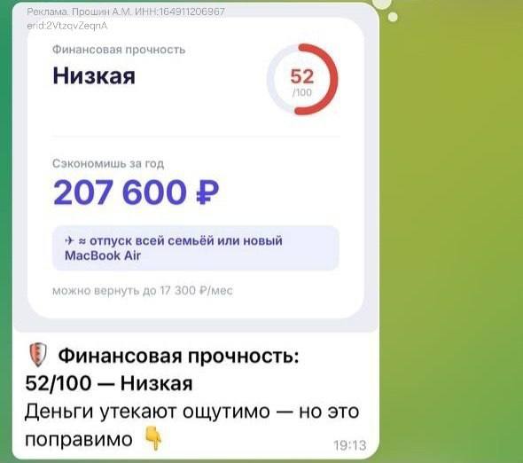 Скриншот интерфейса бота Копибара: оценка «финансовая прочность» — низкая, показана возможная годовая экономия и суммарный балл 52/100, прогнозы возврата.