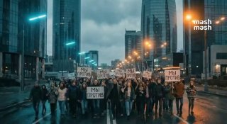 Массовая уличная акция с демонстрантами, держащими плакаты «мы против», на фоне современных высоток и вечерних огней города.