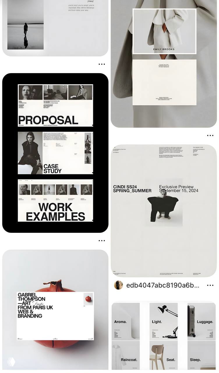 Коллаж из страниц и макетов с нейтральными бежево-белыми решениями, показывающий визуальные тренды и арт-референсы.