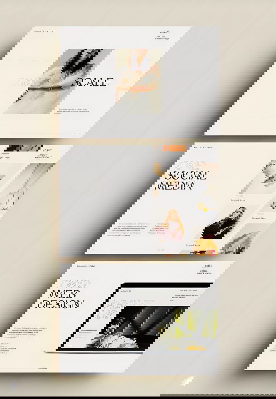 Три лёгкие страницы презентации в светлой бежевой палитре — пример верстки и подачи контента в стиле журнала и веб-презентации.