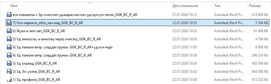 Список элементов Revit с размерами элементов и выделенным файлом/семейством, где видно, какие элементы занимают много места.