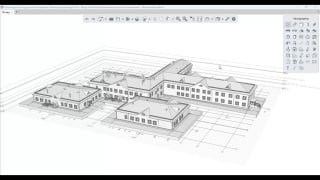 Черно‑белая перспективная схема 3D‑модели здания в Renga — вид сцены и элементы интерфейса, иллюстрация работы плагина для поиска коллизий.