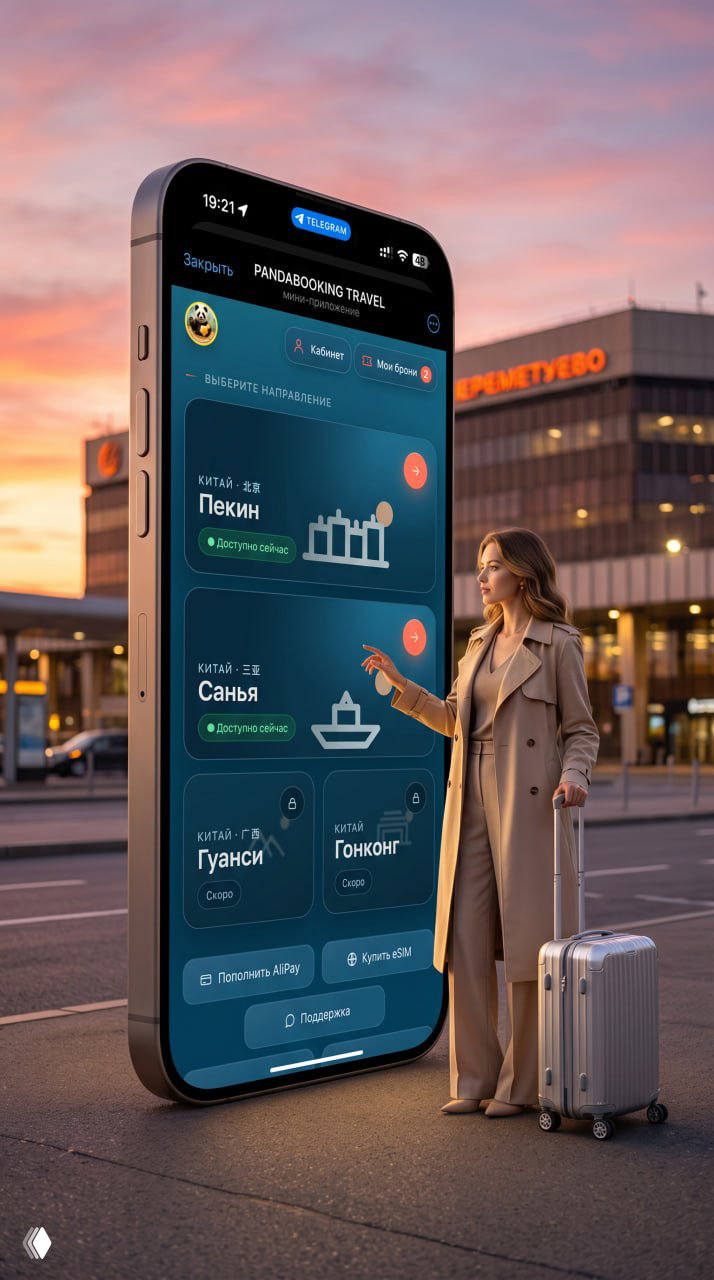 На фотографии большой экран смартфона с интерфейсом PANDABOOKING TRAVEL на фоне аэропорта на закате; рядом путешественница в пальто с чемоданом, символизирующая бронирование трансфера и экскурсий через бот в Telegram.