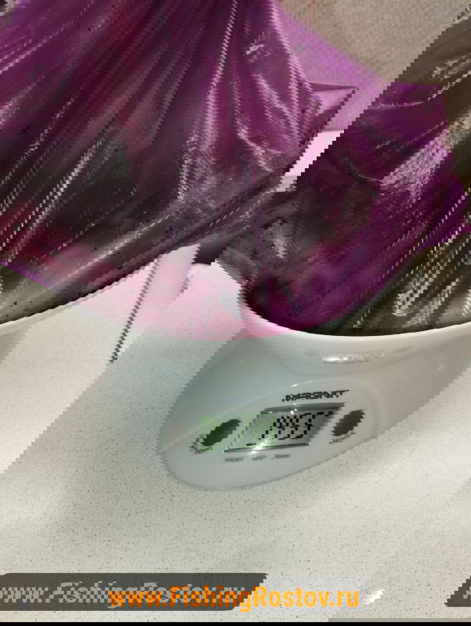 Крупный план весов с пакетом улова: цифровой табло показывает 1455 г, пакет фиолетовый, фон — стол, фото для взвешивания рыбы.