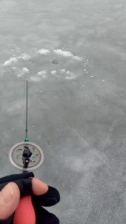 Кадр с рукой рыболова, держащей зимнюю поплавочную снасть над маленькой лункой, вид с уровня руки на лёд и отверстие рядом.