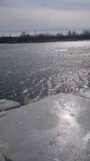 Солнечный блик на тонком льду и отражающаяся поверхность воды; часть поверхности покрыта блестящими ледяными пластинами.