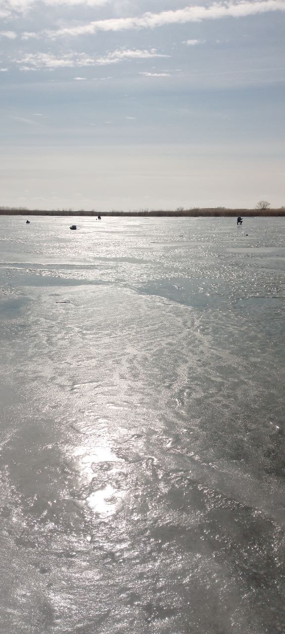 Сверкающая ледовая поверхность Большой Садковки при солнечном свете; видны рыболовы на льду и участки промоин и трещин на поверхности.