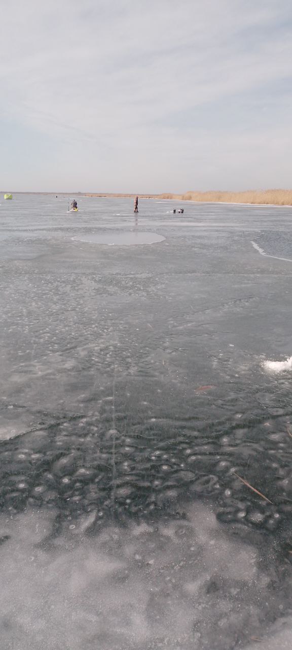 Общий план льда с рыбаками и промоинами: видны люди у лунок, разные по цвету участки льда и опасные тёмные места на поверхности.