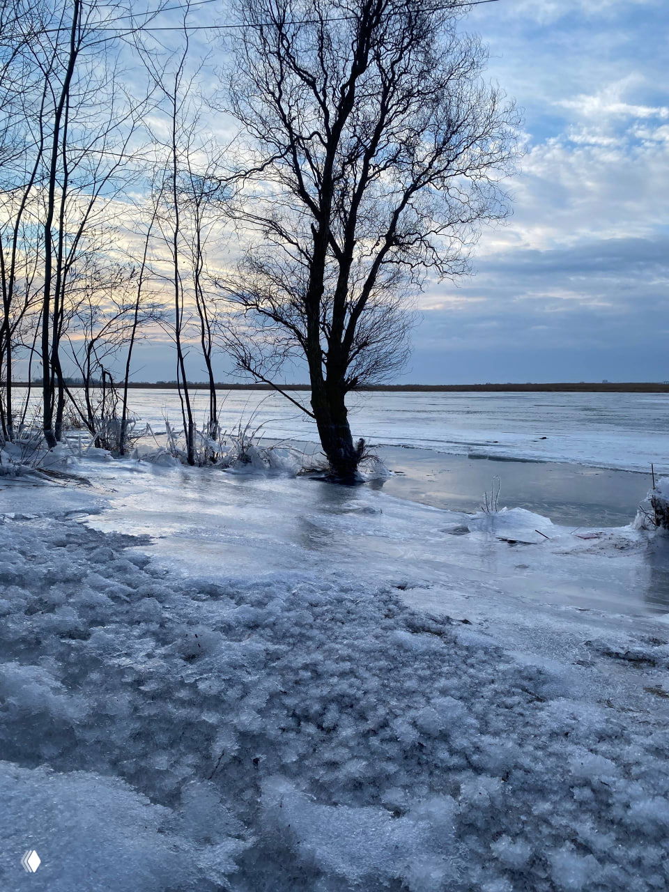 Широкий кадр ледяного берега и замёрзшего озера: промёрзшая поверхность, тонкие льдинки у кромки воды и вечернее небо.