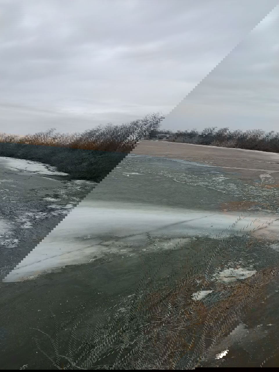 Частично промёрзшая поверхность реки в Рогожкино с трещинами в льду и обрывками талого снега вдоль кромки воды, перспективы льдохода.