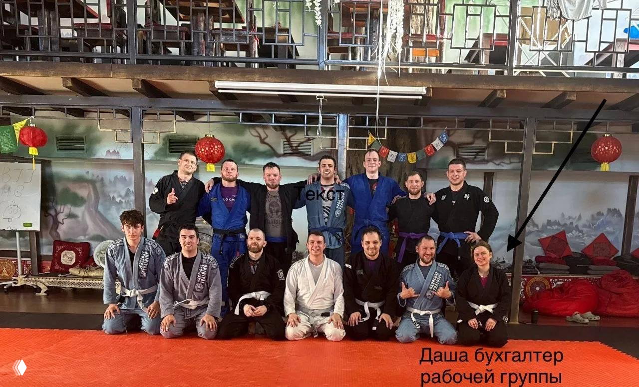 Групповое фото участников спортивного сбора по бразильскому джиу-джитсу на татами в зале, люди в кимоно и поясах разных цветов, командная атмосфера.