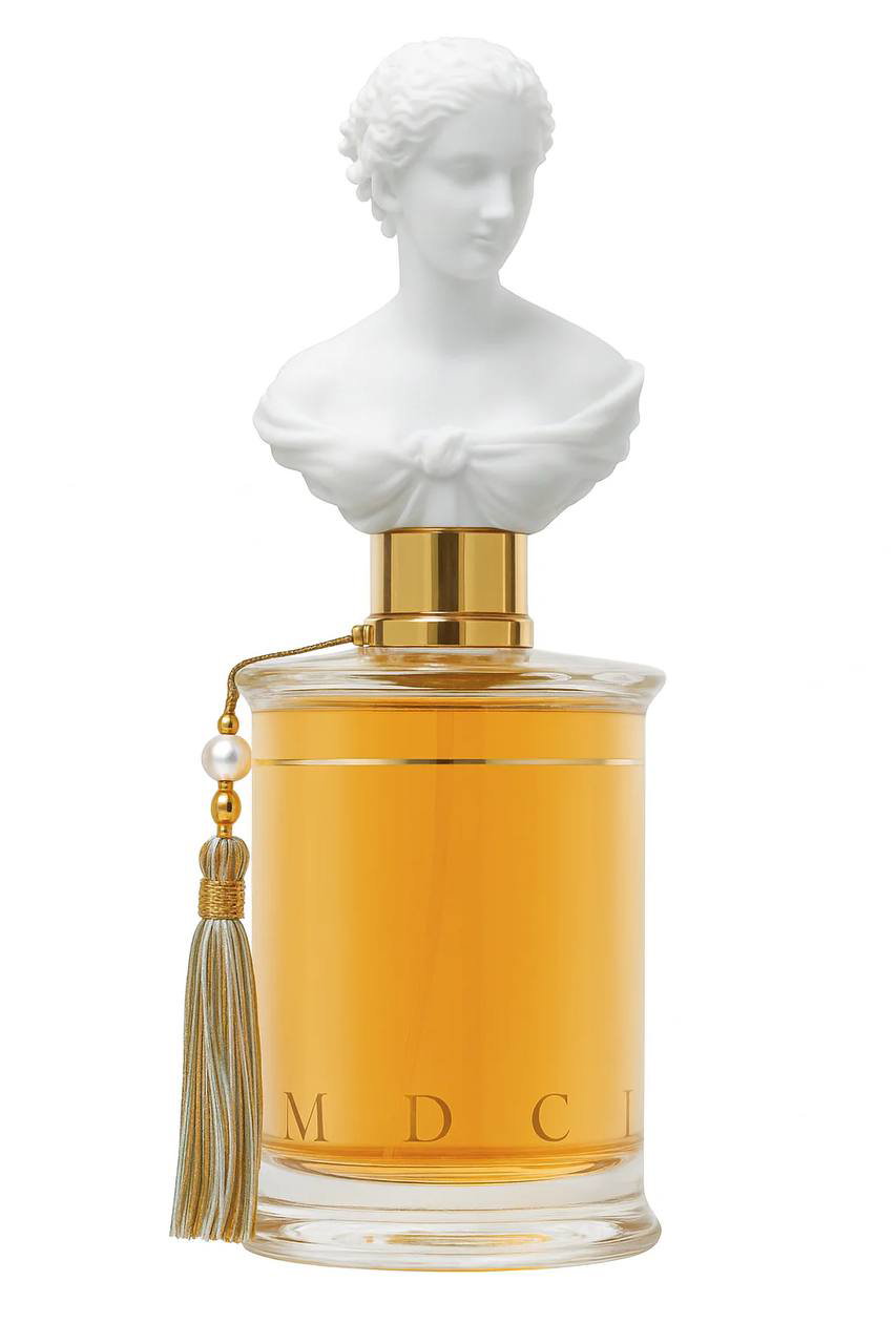 Фото флакона Promesse de l'Aube (MDCI Parfums): прозрачный стеклянный флакон с янтарной жидкостью, белая бюст-крышка и золотая кисточка.
