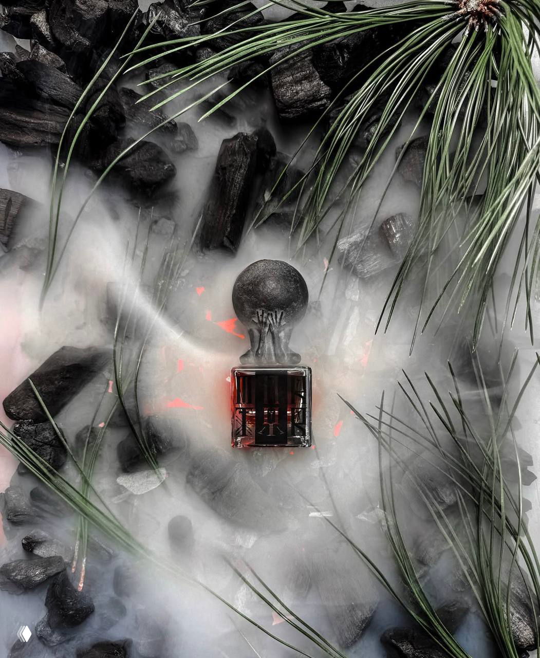Топ-даун снимок флакона Martyr среди углей, хвои и клубов дыма — атмосферная композиция о лесном костре и дымном настроении.