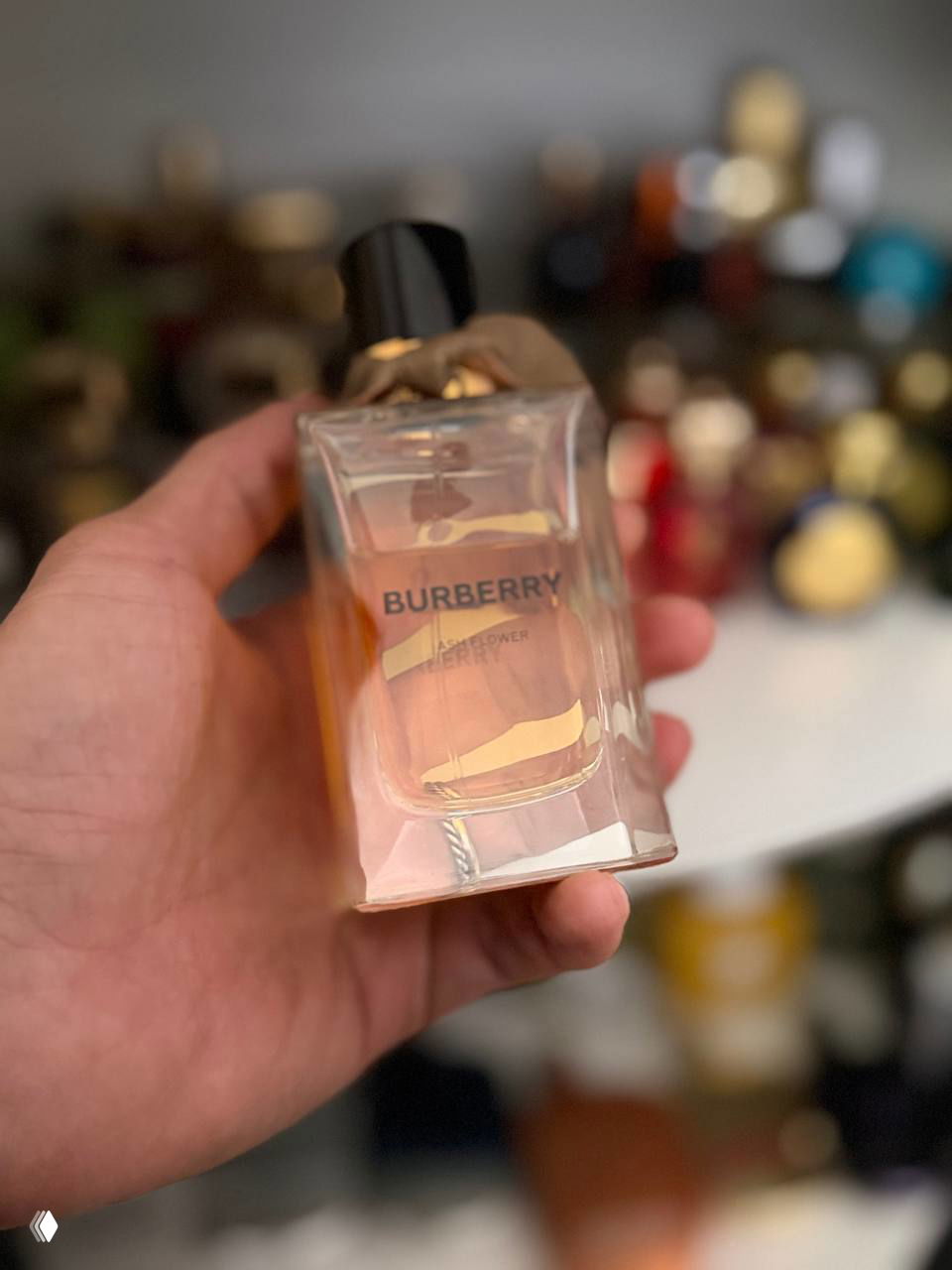 Флакон парфюма Burberry Ash Flower в руке на фоне размытой коллекции ароматов; видно бутылку и тёплый цвет жидкости.