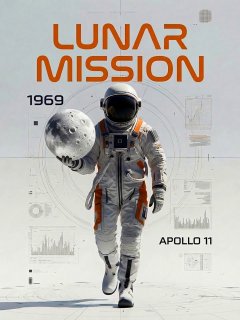 Миниатюра постера «LUNAR MISSION 1969»: фигура астронавта с лунной сферой, композиция в оранжево‑серых тонах и графических врезках, подготовка для рендера.