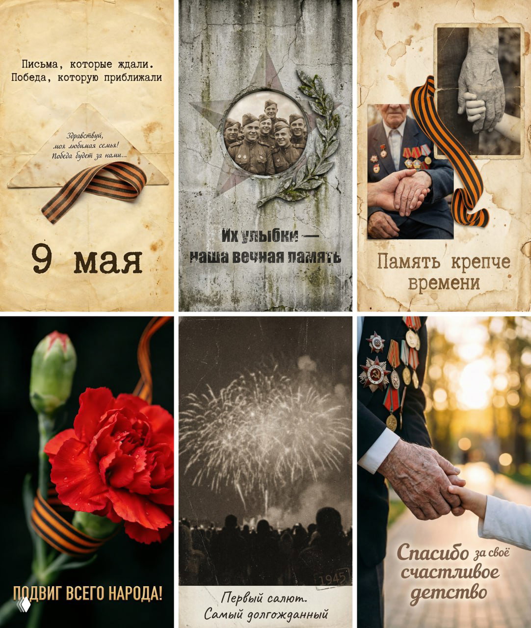 Коллаж из сепийных открыток к 9 Мая: фронтовые портреты, потрёпанная бумага, георгиевская ленточка, медали и рукопожатия в тёплых тонах.