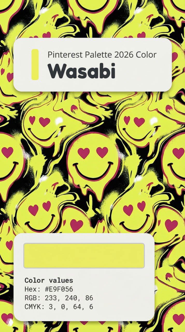 Паттерн Wasabi из Pinterest Palette 2026: кислотно-жёлтые смайлы и сердечки на динамичном фоне, рядом карточка с Hex #E9F056.