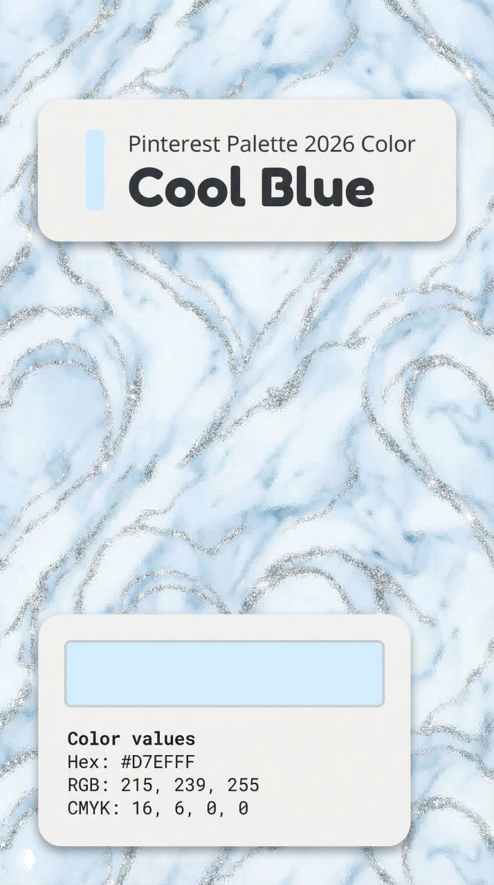 Паттерн Cool Blue: нежно-голубой мраморный фон с блестящими деталями и карточкой с цветовыми значениями Hex #D7EFFF.