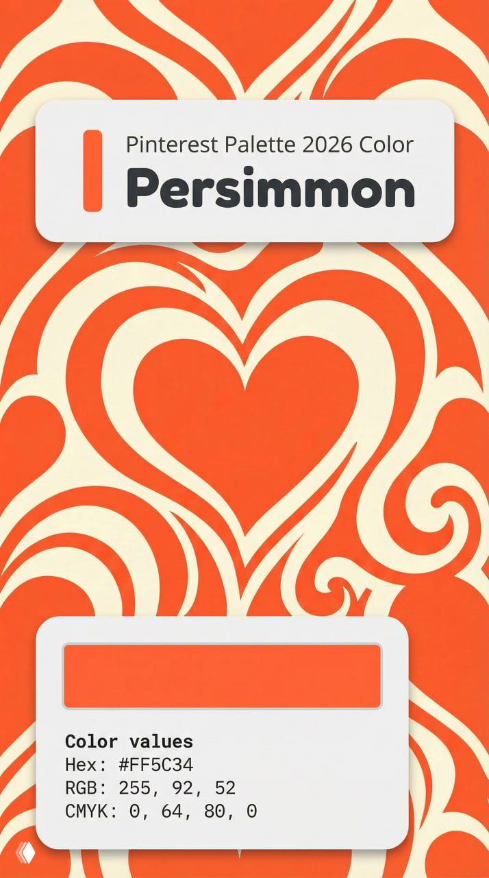 Паттерн Persimmon: яркий оранжево-красный фон с сердечными узорами и карточкой с цветовым кодом Hex #FF5C34.