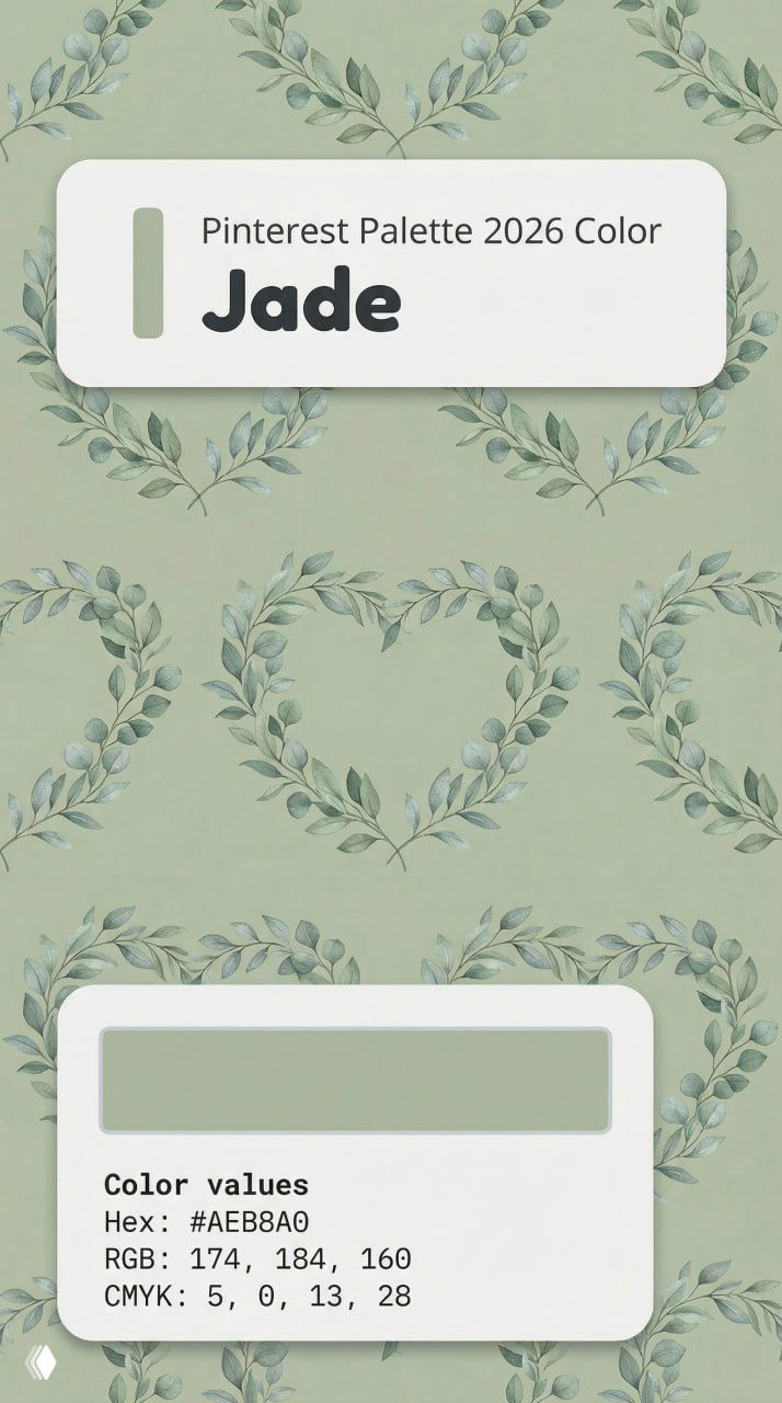 Паттерн Jade: мягкий зелёный фон с ботаническими ветвями и карточкой цветов, указывающей Hex #AEB8A0 для спокойных композиций.