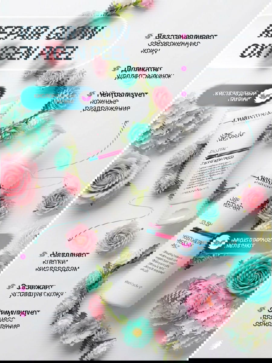 Те же флаконы косметики на светлом фоне, окружённые пастельными цветами и декоративной лентой — весенний вариант адаптации брендового макета.