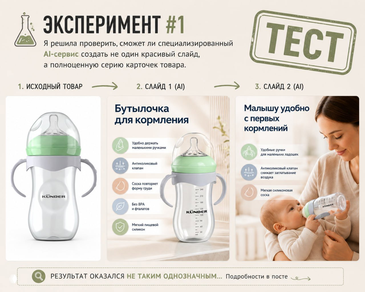 Инфографика эксперимента: исходная бутылочка и два AI‑сгенерированных варианта карточек товара для Wildberries и Ozon, сравнение деталей