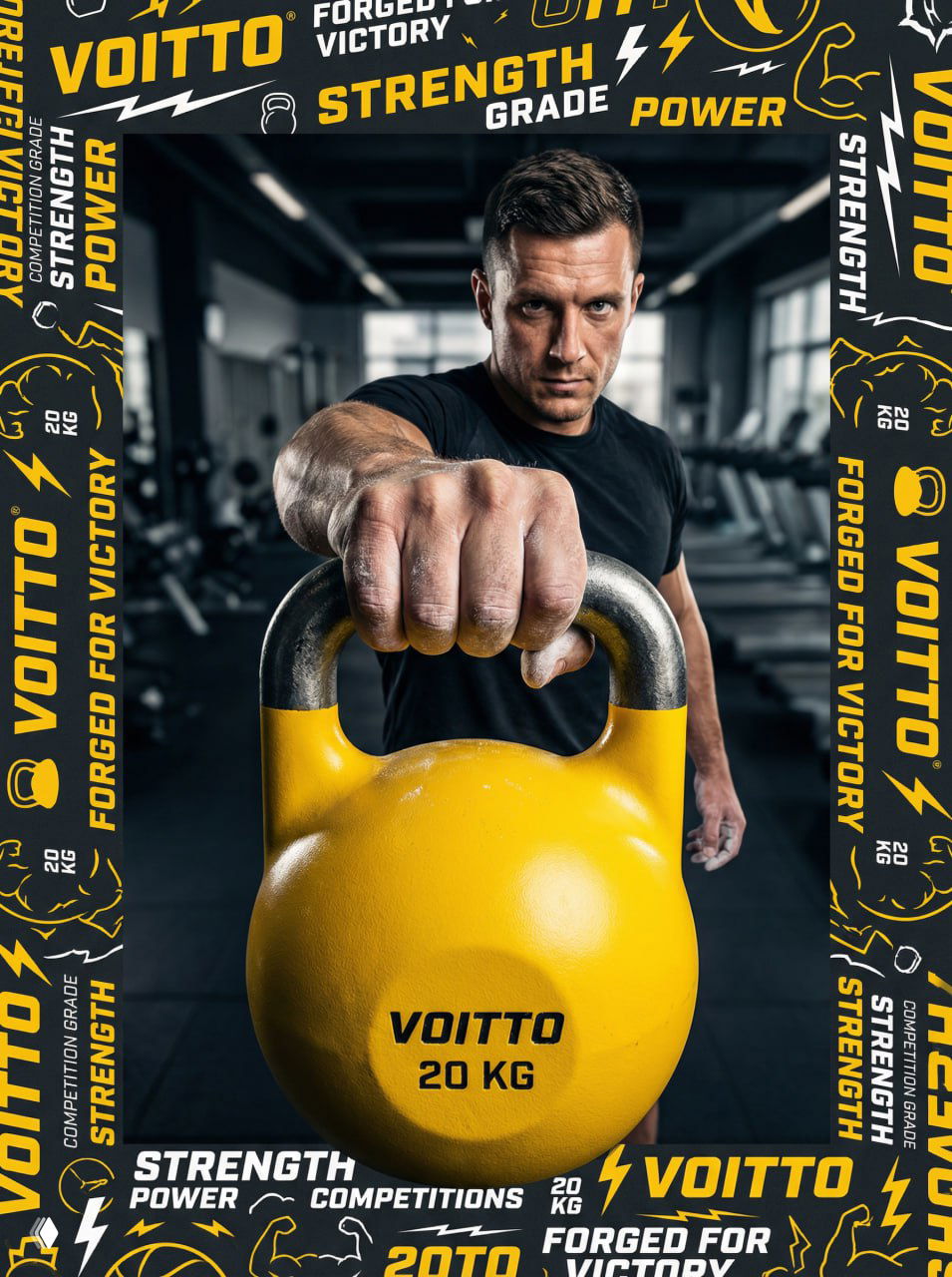 Желтая гиря крупным планом на переднем плане, спортсмен в зале позади, декоративная брендированная рамка с текстовыми элементами по периметру.