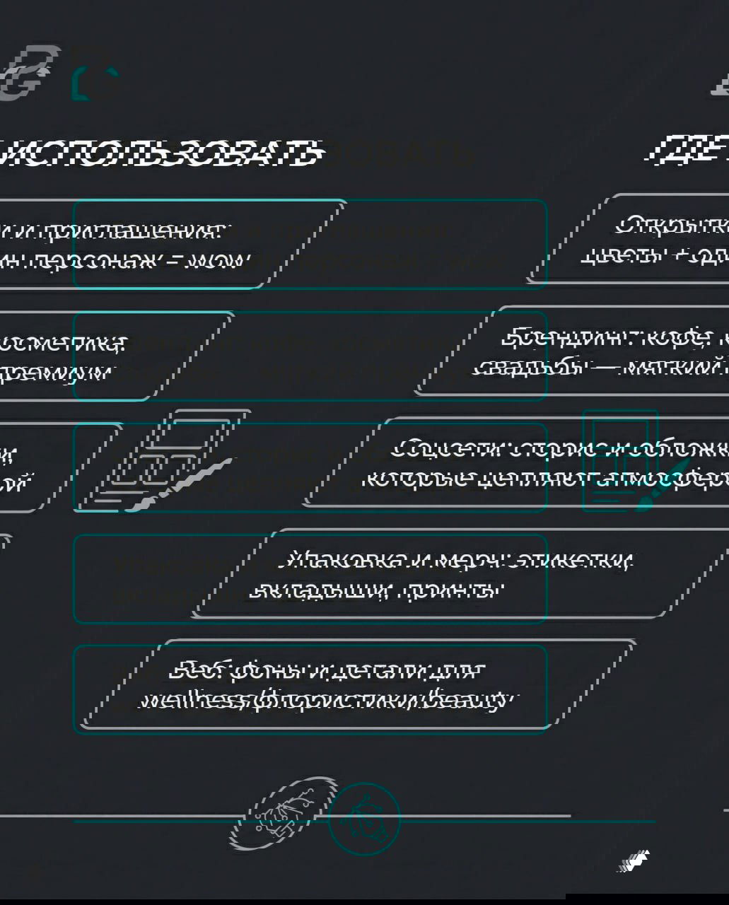 Слайд с заголовком «ГДЕ ИСПОЛЬЗОВАТЬ» и блоками: открытки, брендинг, соцсети, упаковка и веб — варианты применения акварели.