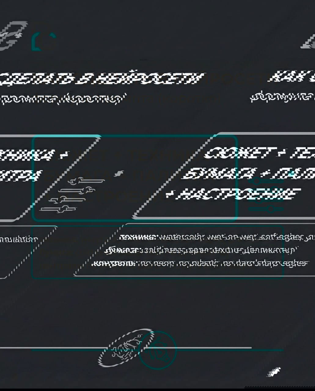Слайд-инструкция: формула промпта для нейросети — сюжет, техника, бумага, палитра и настроение на тёмном фоне.