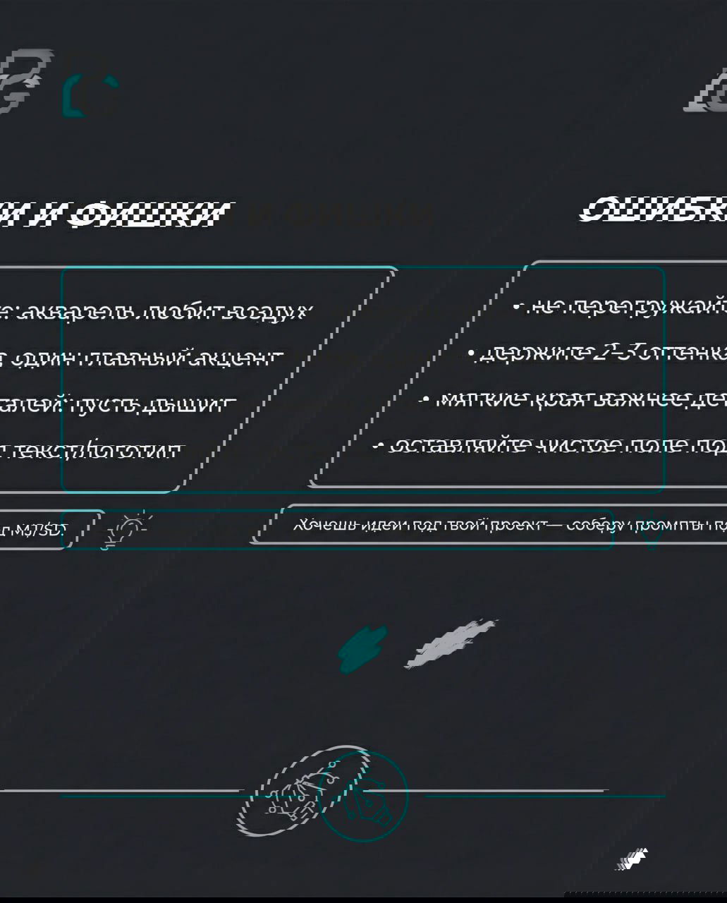 Слайд «Ошибки и фишки»: советы — не перегружать, держать 2–3 оттенка, мягкие края и чистое поле под текст/логотип.