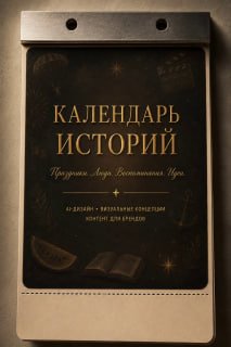 Обложка «Календарь историй»: отрывной бумажный календарь с тёмной фактурой, золотой типографикой и иллюстративным ретро‑элементом в стиле артбука.