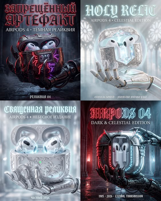 Коллаж из четырёх постеров AirPods: тёмная реликвия с неоновыми трещинами, серебристое небесное издание, светлая holy relic и dark & celestial в киберпанковом стиле.
