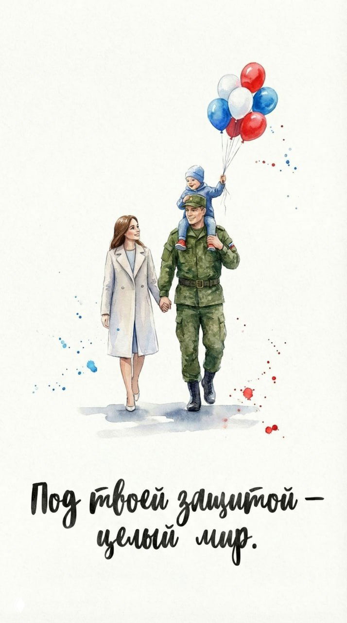 Акварельная иллюстрация семьи: солдат идёт с женщиной, ребёнок на плечах и шарики в цветах флага — тёплая семейная композиция в нейродизайне.