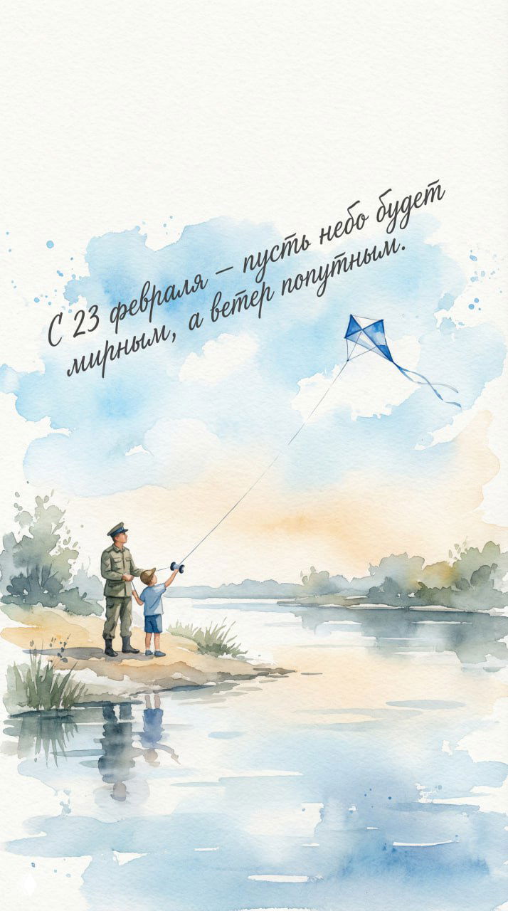 Акварельная сцена на берегу: солдат и мальчик запускают воздушного змея у реки, мягкие небесные переходы и отражения воды — стильная открытка.