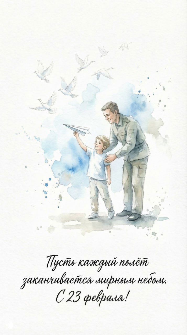 Нежная акварель: солдат подаёт мальчику бумажный самолётик, вокруг летят птицы, лёгкие голубые переходы и эмоциональная сценка.