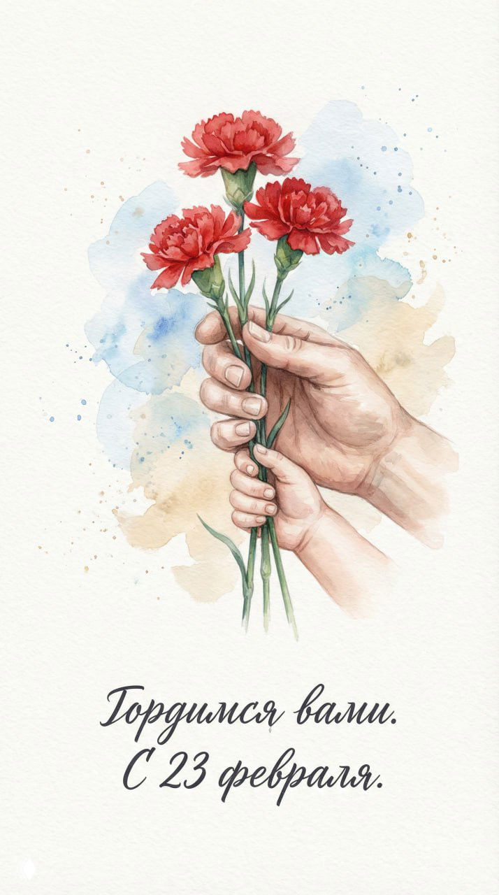 Акварель: крупный план рук взрослого и ребёнка, держащих гвоздики, пастельный фон и акварельные пятна — символ уважения и памяти.