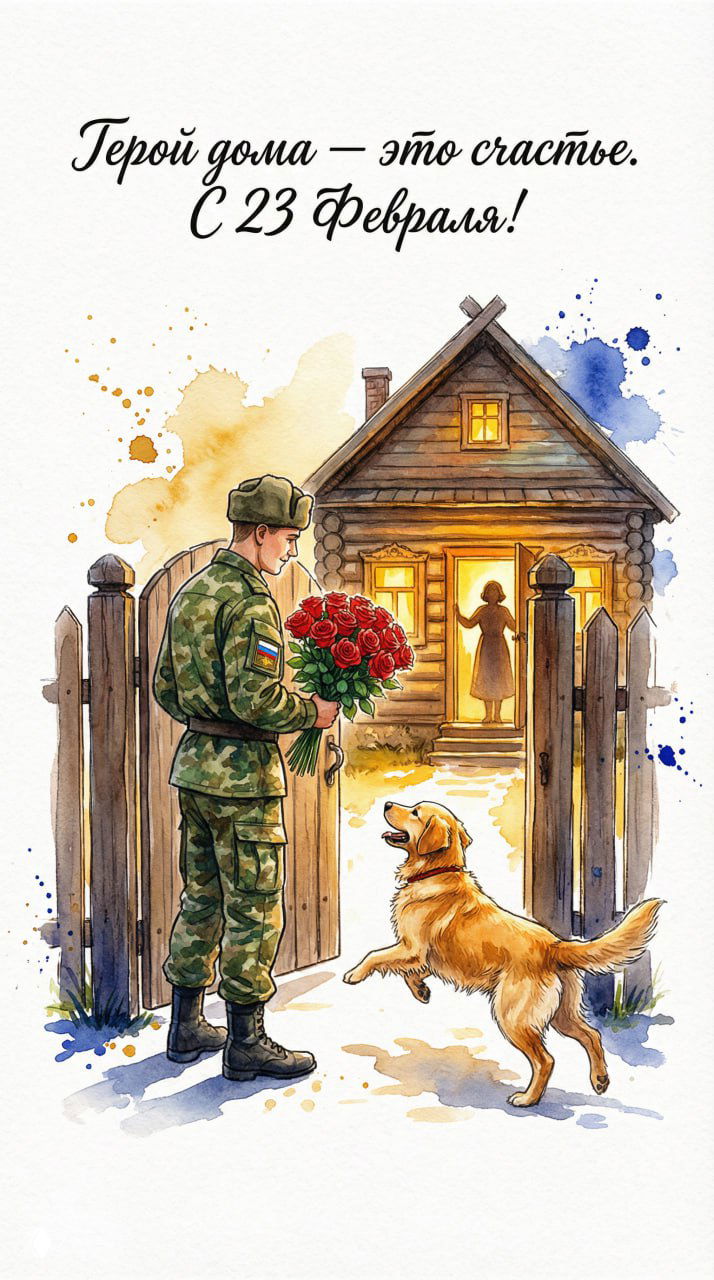 Акварельная открытка: военнослужащий с букетом у деревянного дома, внутри свет и силуэт женщины, рядом радостная собака — домашняя сцена возвращения.