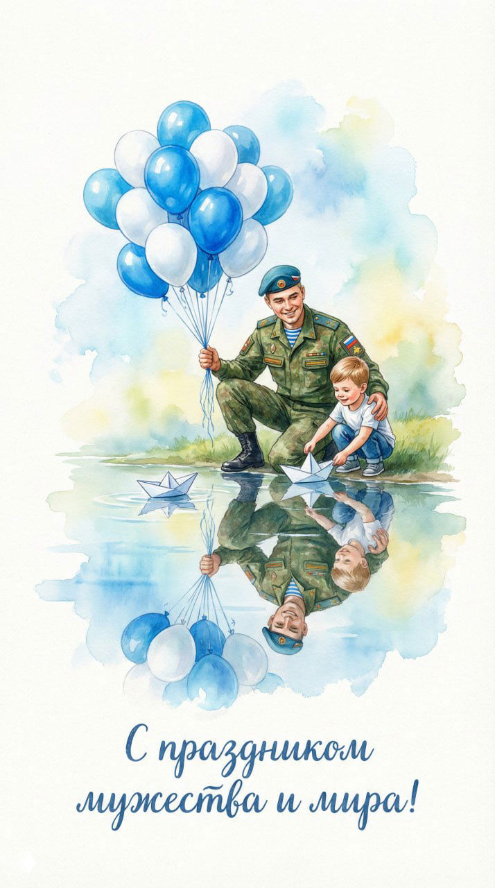 Акварель: солдат с синими шариками и мальчик у воды запускают бумажные кораблики, отражение в реке и пастельные цвета — визуальная поэтия праздника.