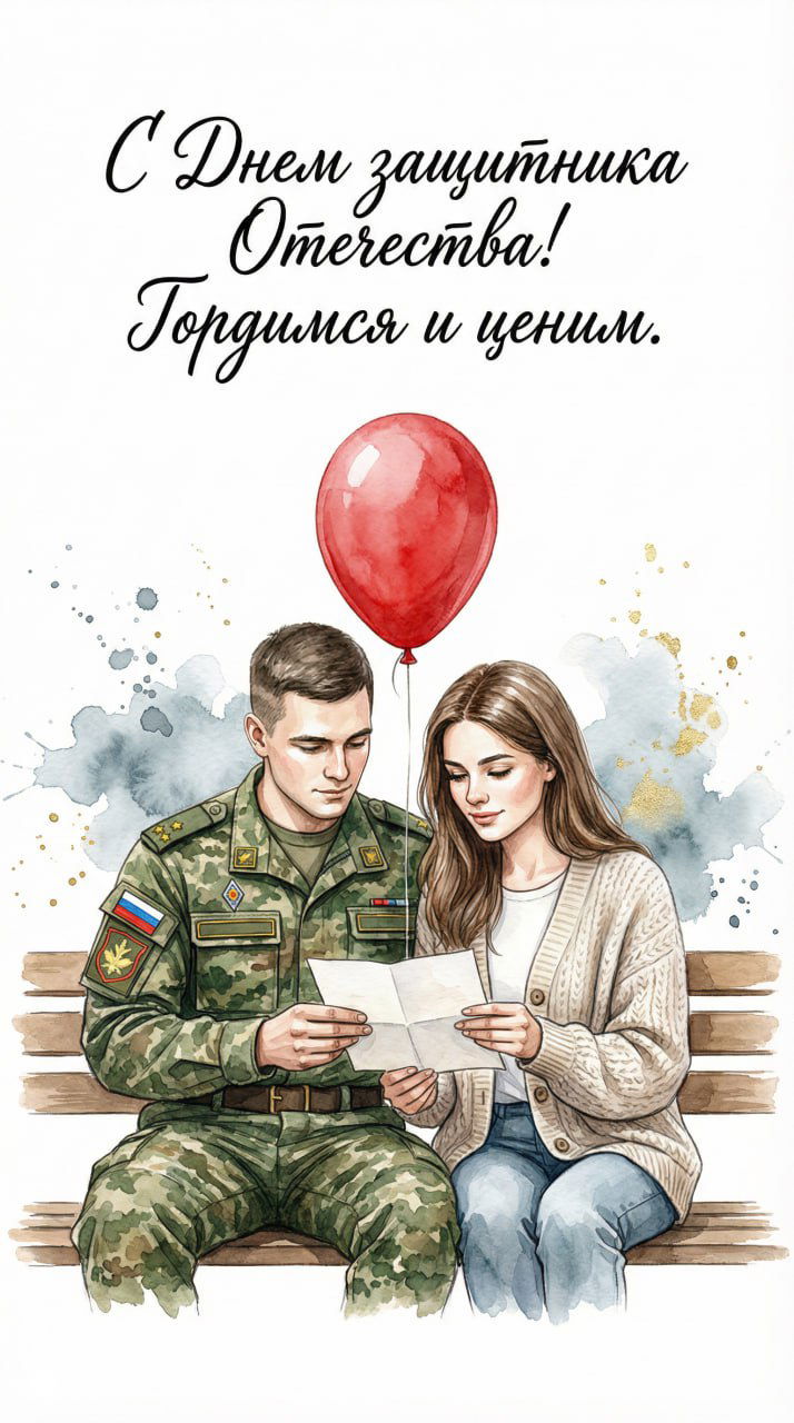 Акварельная сцена: солдат и женщина на скамейке читают письмо, над ними красный шар, мягкие пятна краски создают ощущение интимного момента.